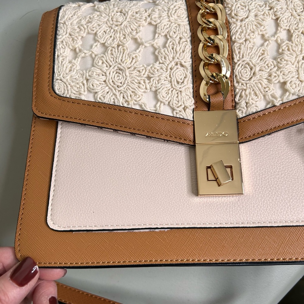 Aldo Pink and Brown Crossbody Bag with Crochet & Chain Detail Top Handle - Picture 5 of 8